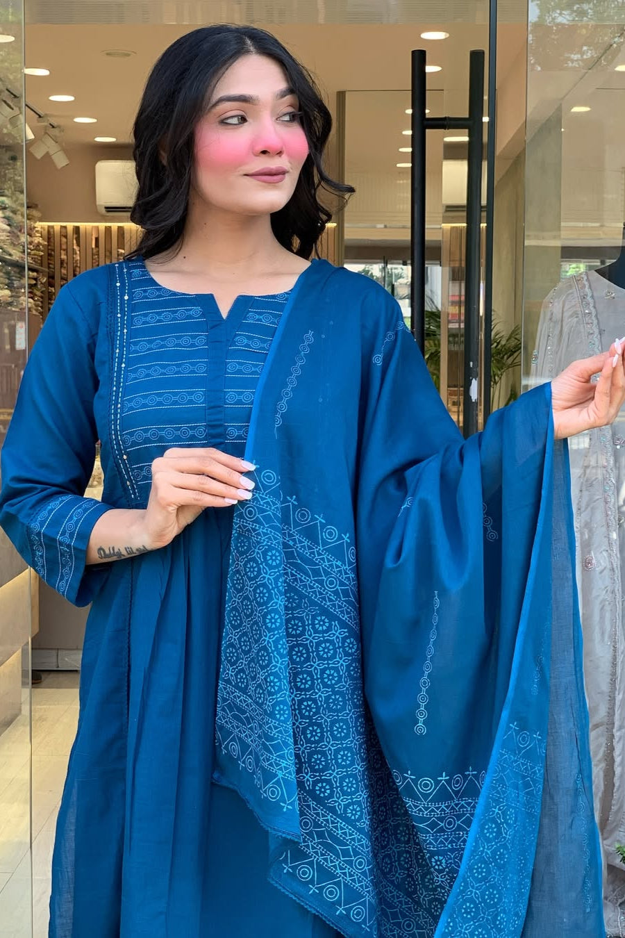 Neelkamal Blue A-Line Embroidered Cotton Suit Set