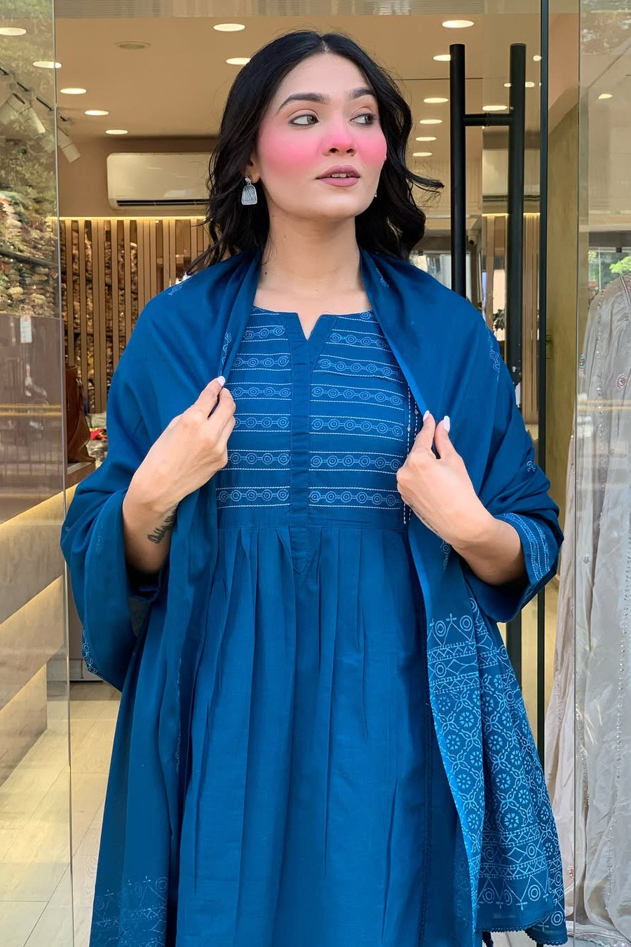 Neelkamal Blue A-Line Embroidered Cotton Suit Set