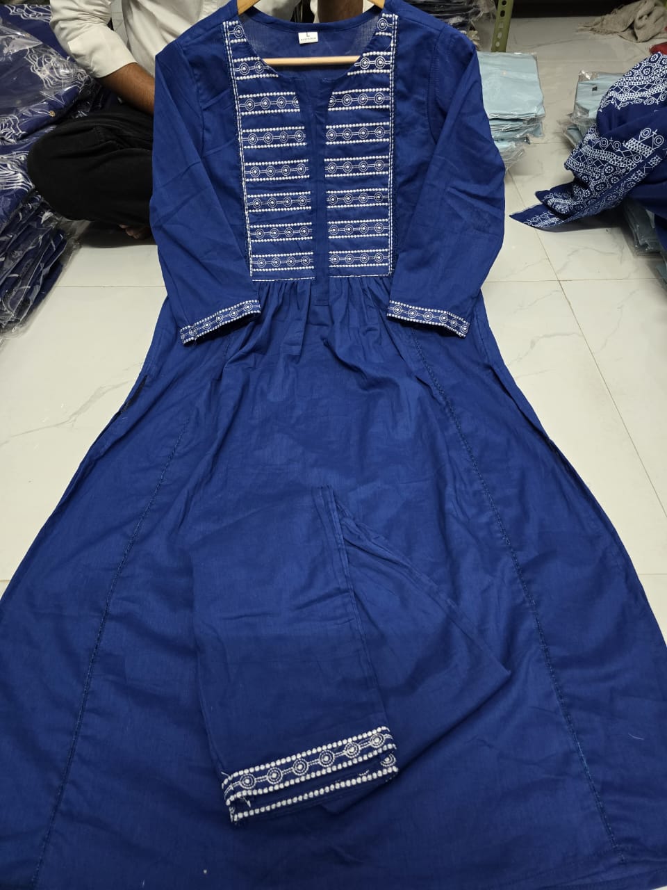 Neelkamal Blue A-Line Embroidered Cotton Suit Set