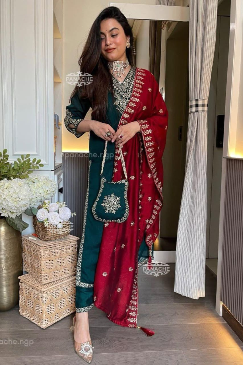 Vichitra Silk Festive Coding Work Suit Set