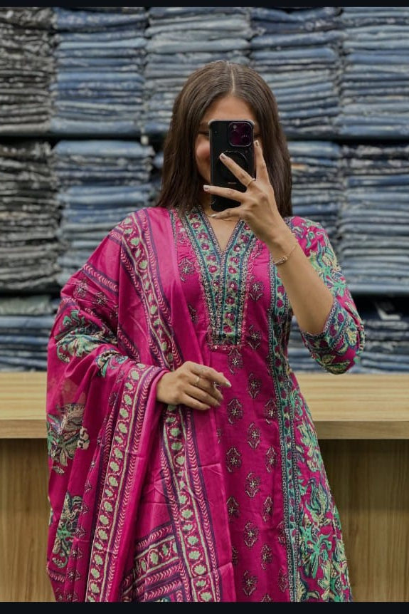 Cotton Handblock A-Line Plazo Suit Set