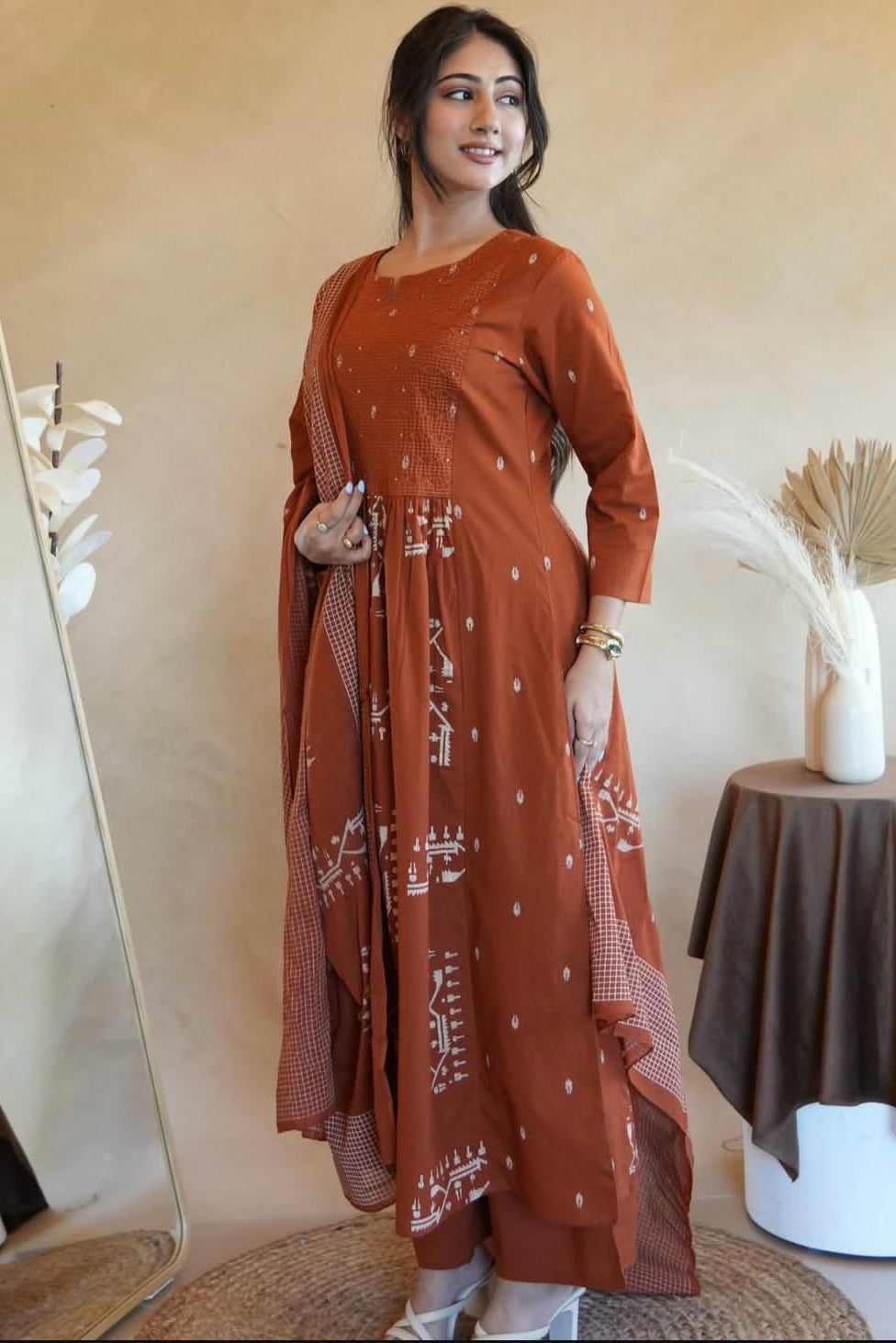 Brown Anarkali Cotton Suit Set