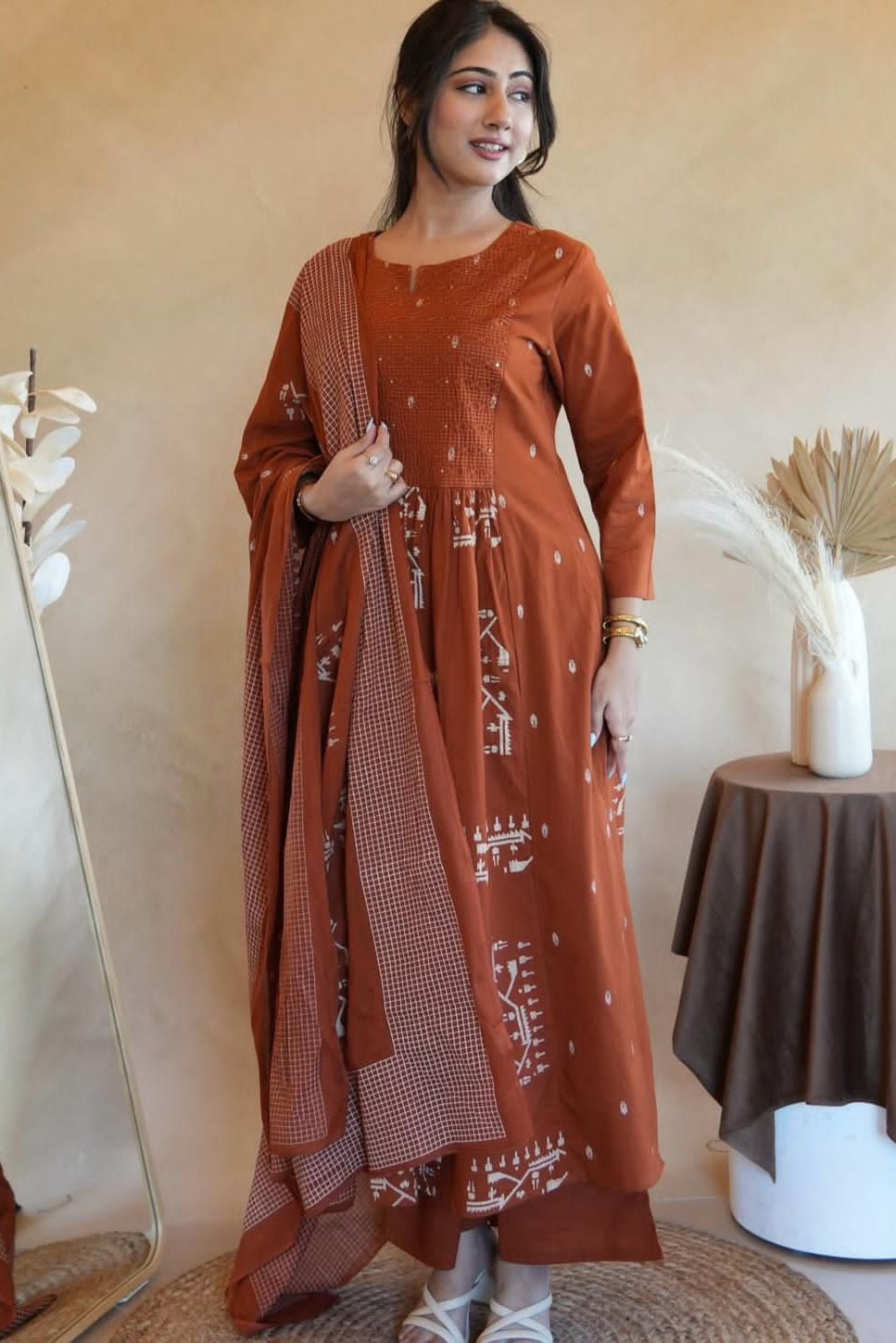 Brown Anarkali Cotton Suit Set