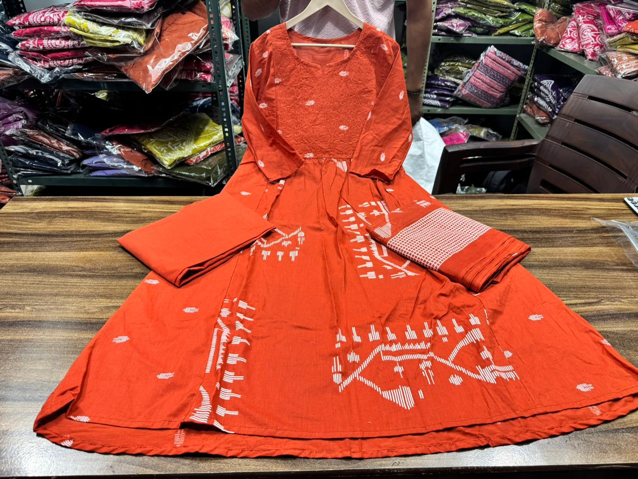 Brown Anarkali Cotton Suit Set