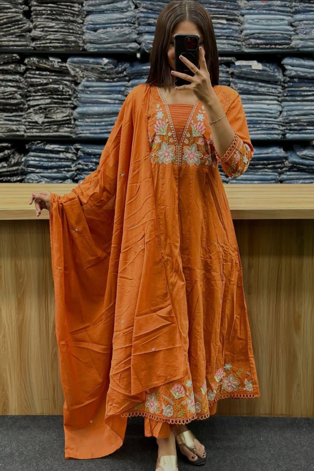 Gulnoor Orange Anarkali Cotton Suit Set