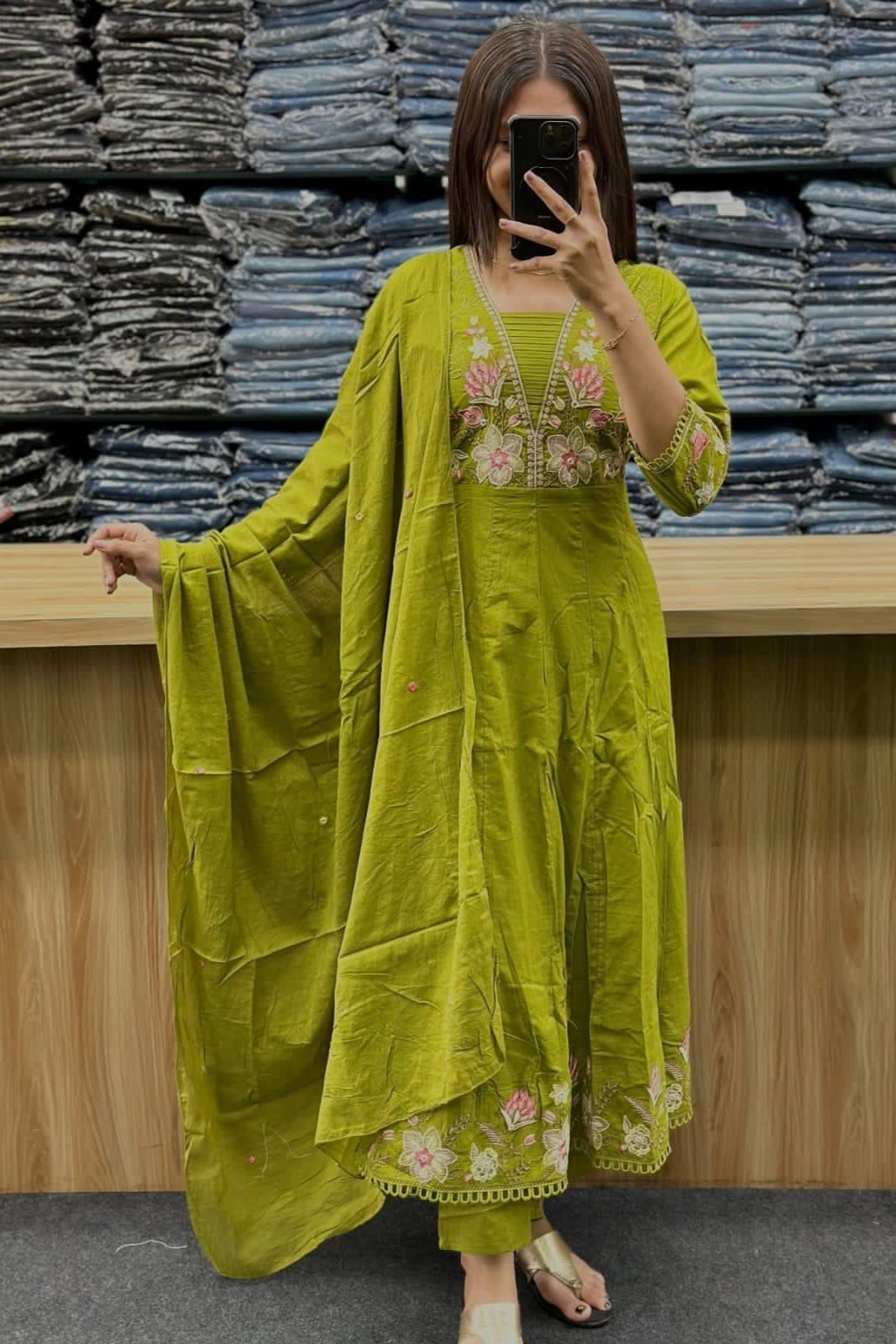 Gulnoor Mehendi Anarkali Cotton Suit Set