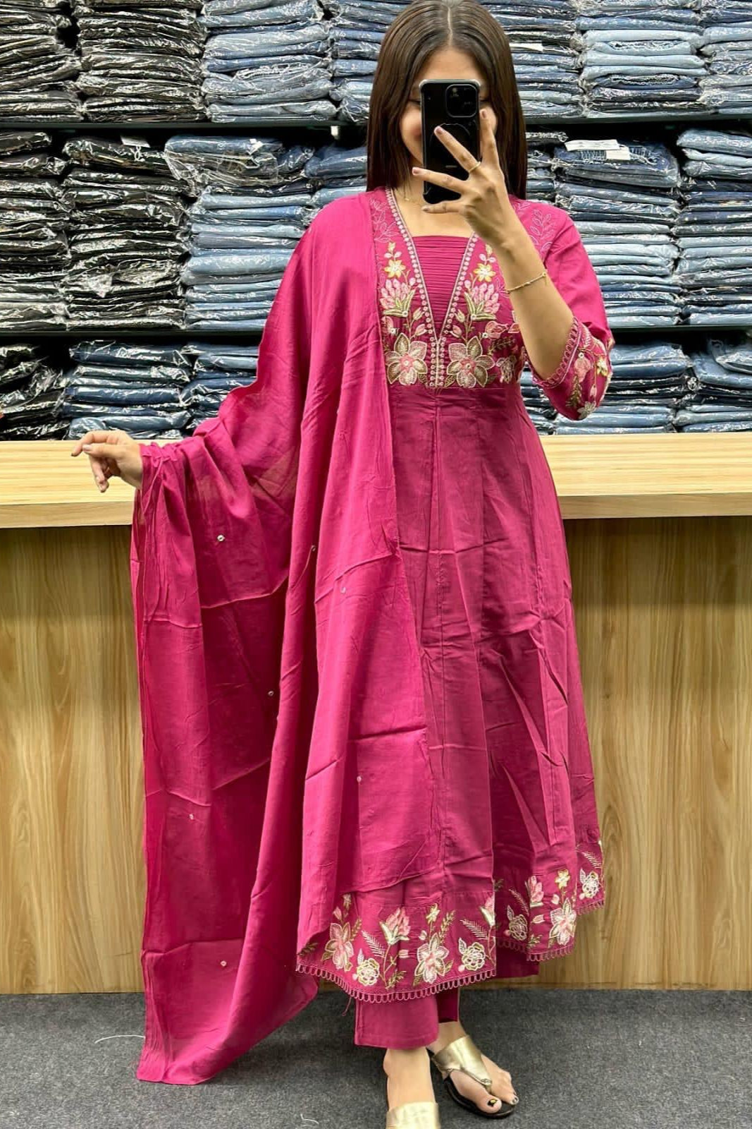 Gulnoor Pink Anarkali Cotton Suit Set
