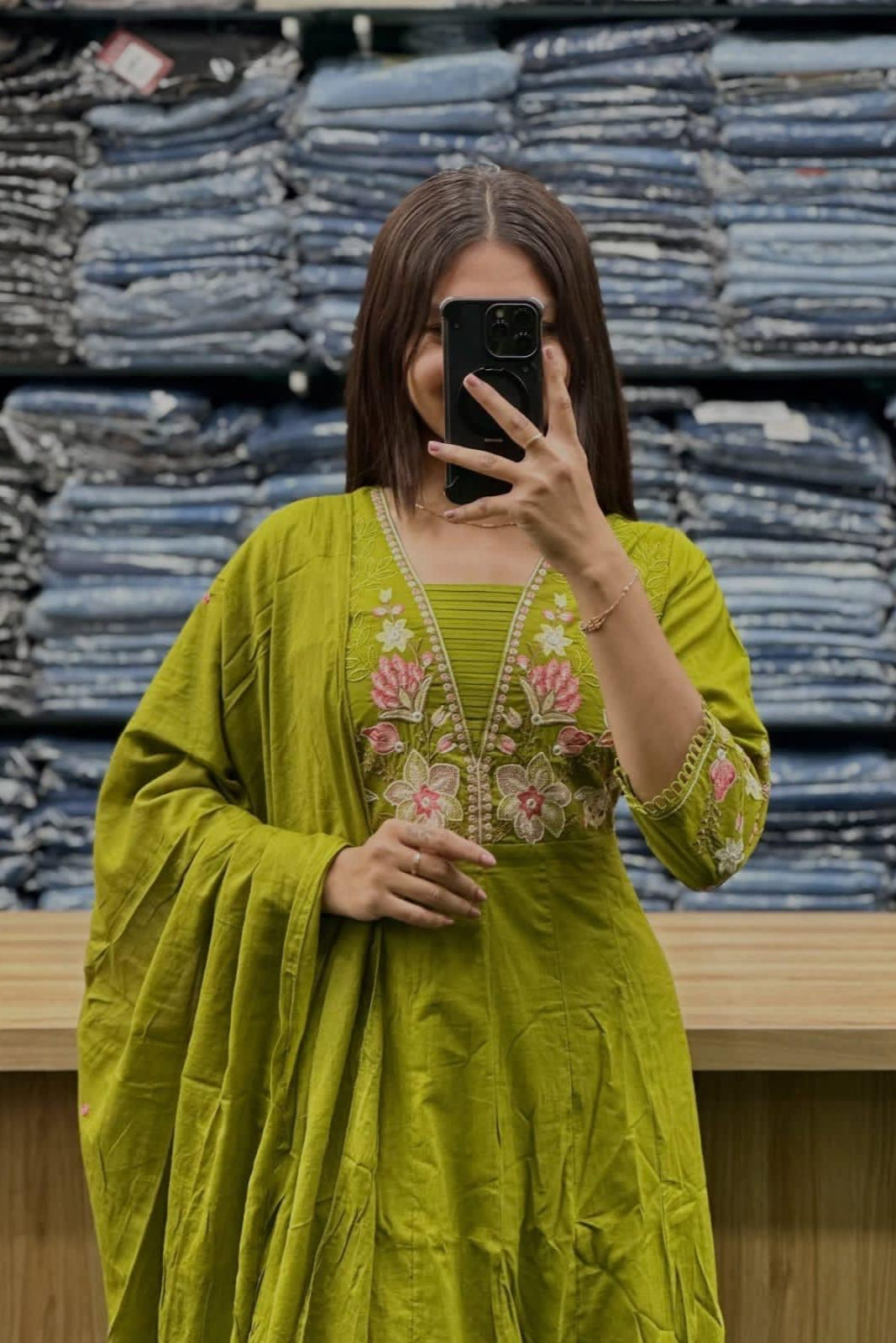 Gulnoor Mehendi Anarkali Cotton Suit Set