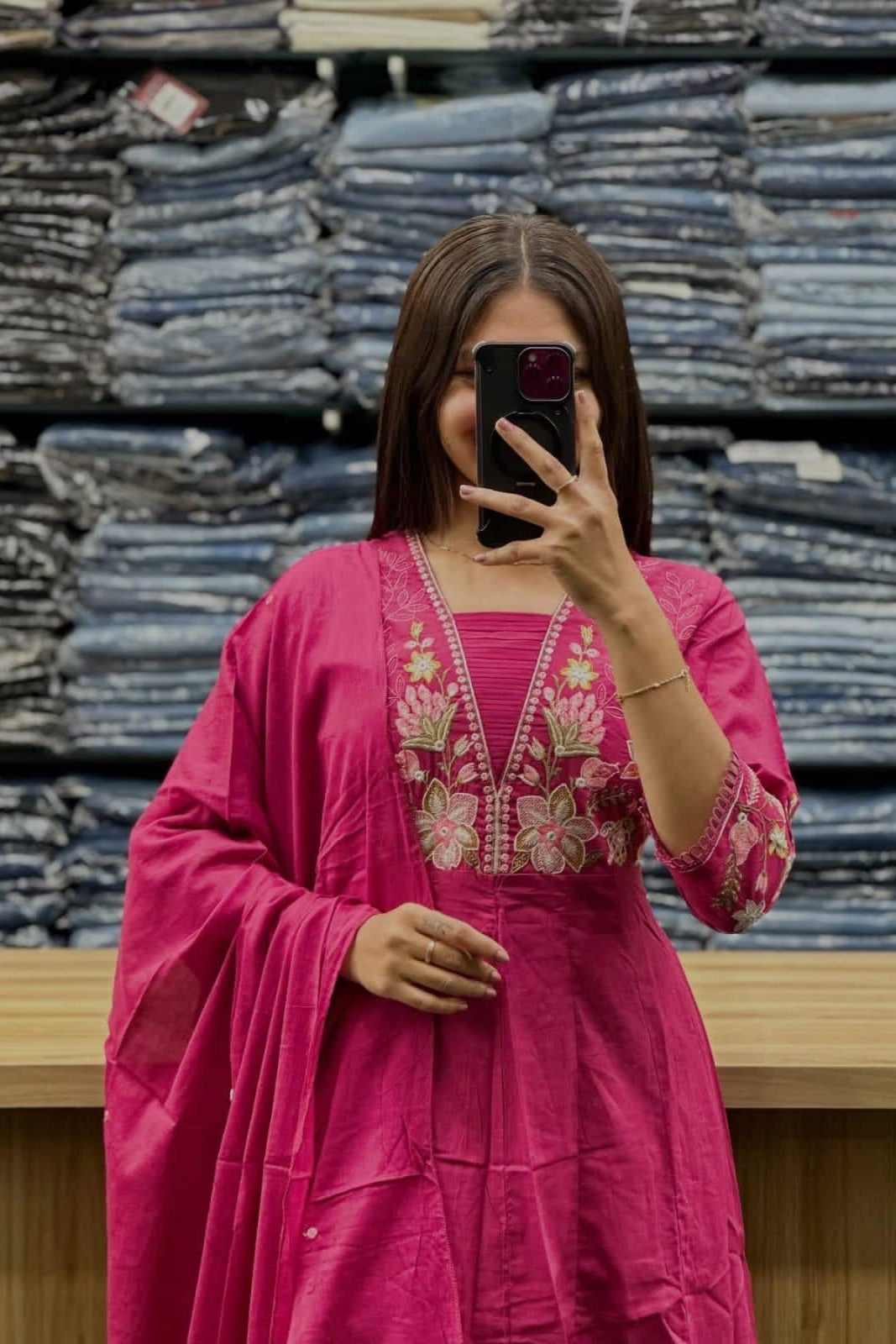 Gulnoor Pink Anarkali Cotton Suit Set