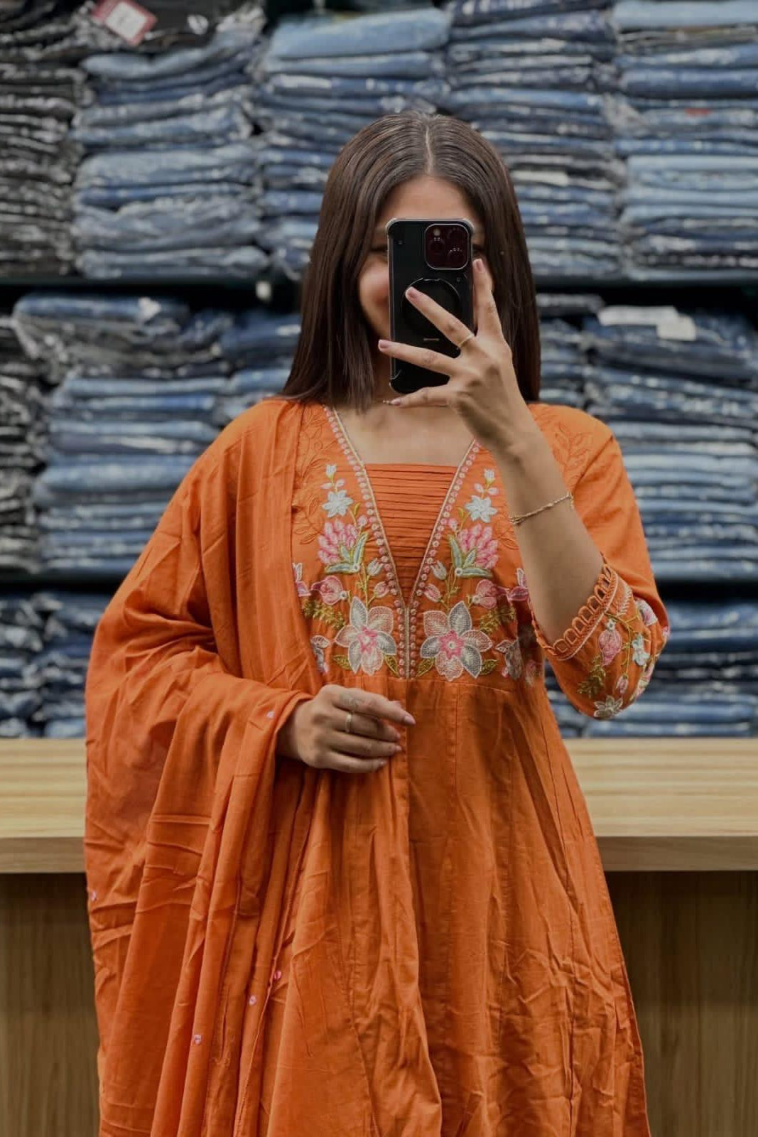 Gulnoor Orange Anarkali Cotton Suit Set