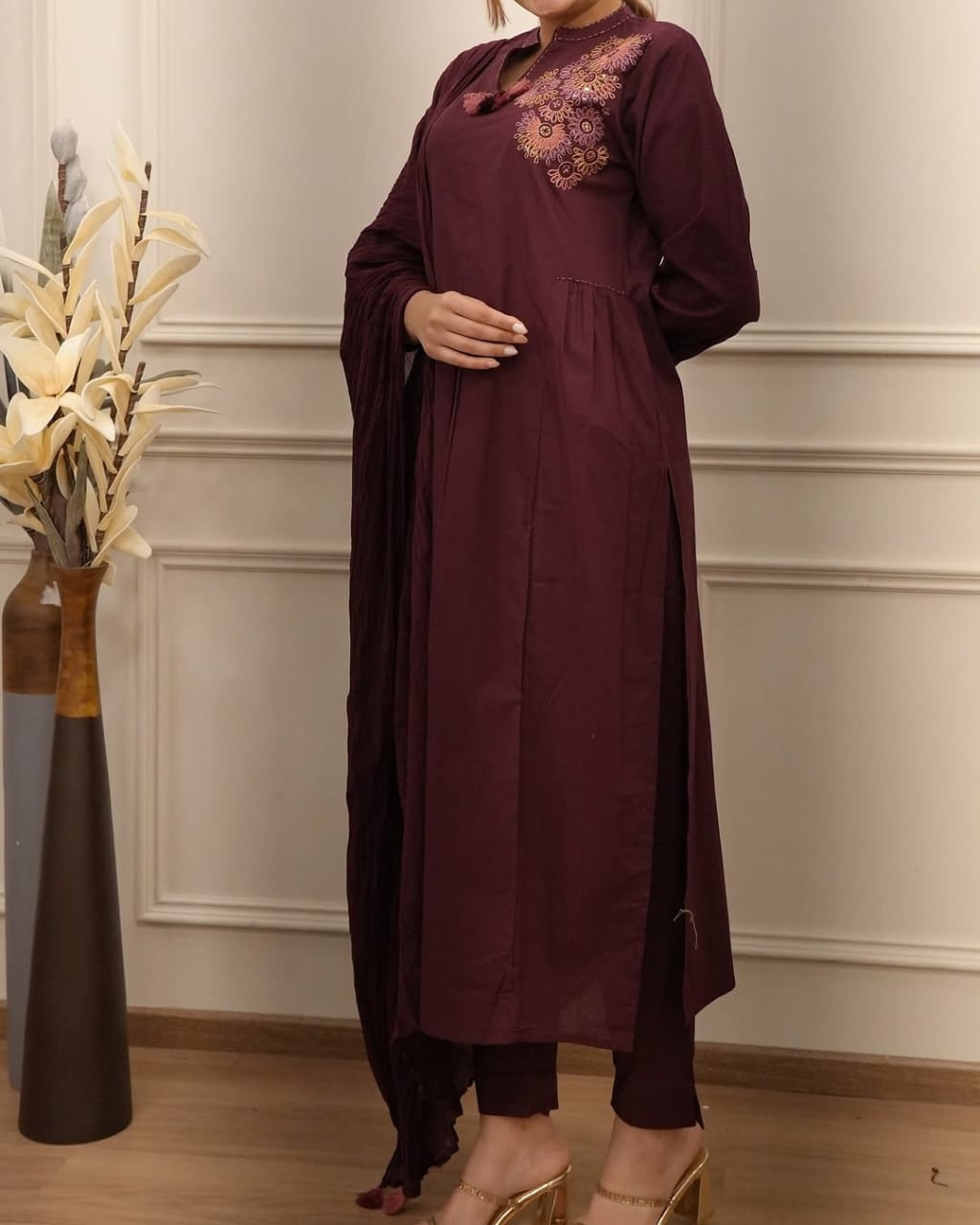 Zahira Maroon Cotton Embroidery Suit Set