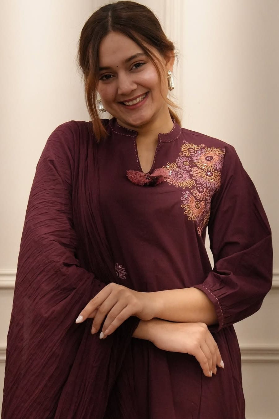 Zahira Maroon Cotton Embroidery Suit Set