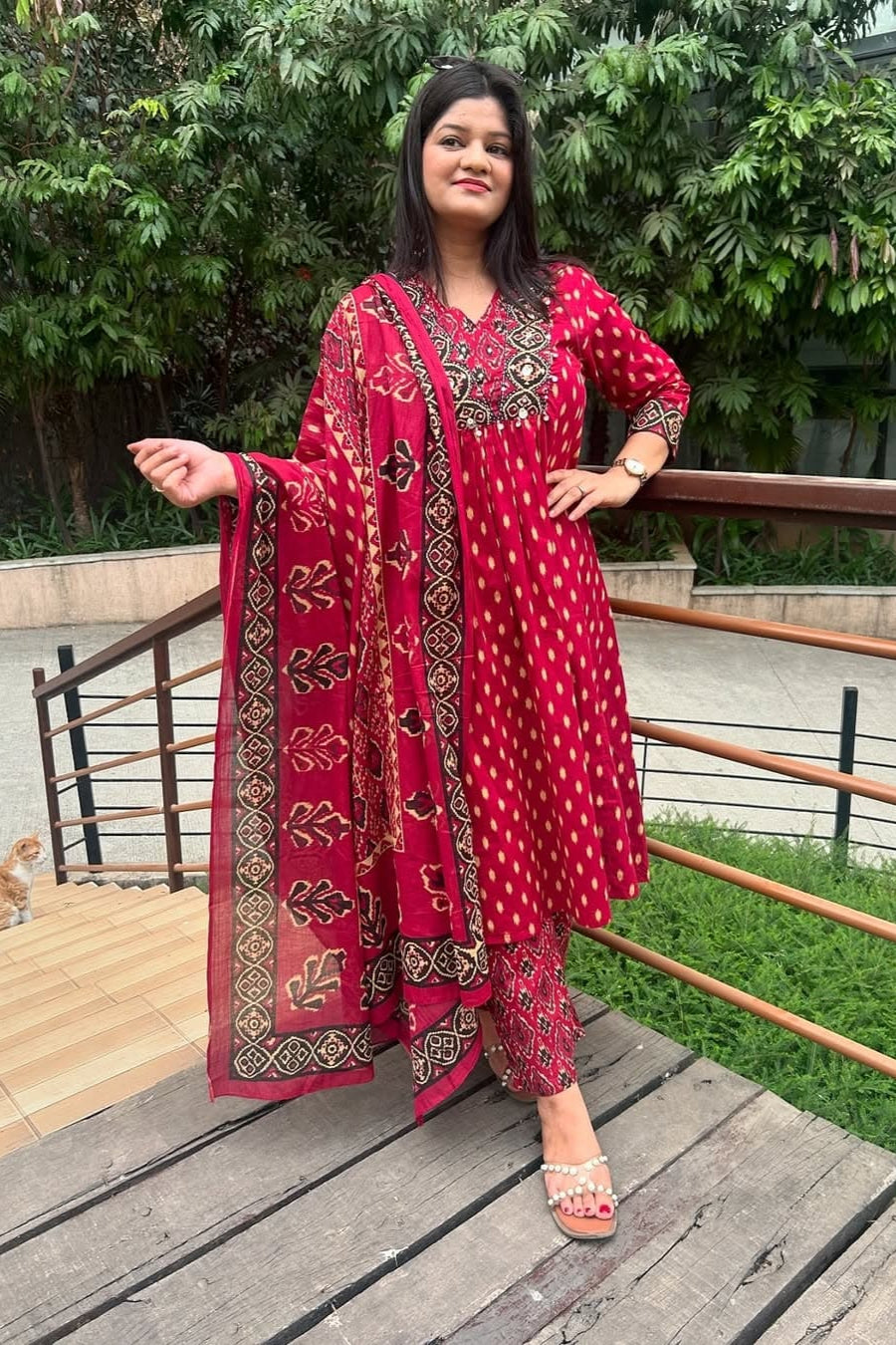 Ruhani Rang Red Floral A-Line Suit Set