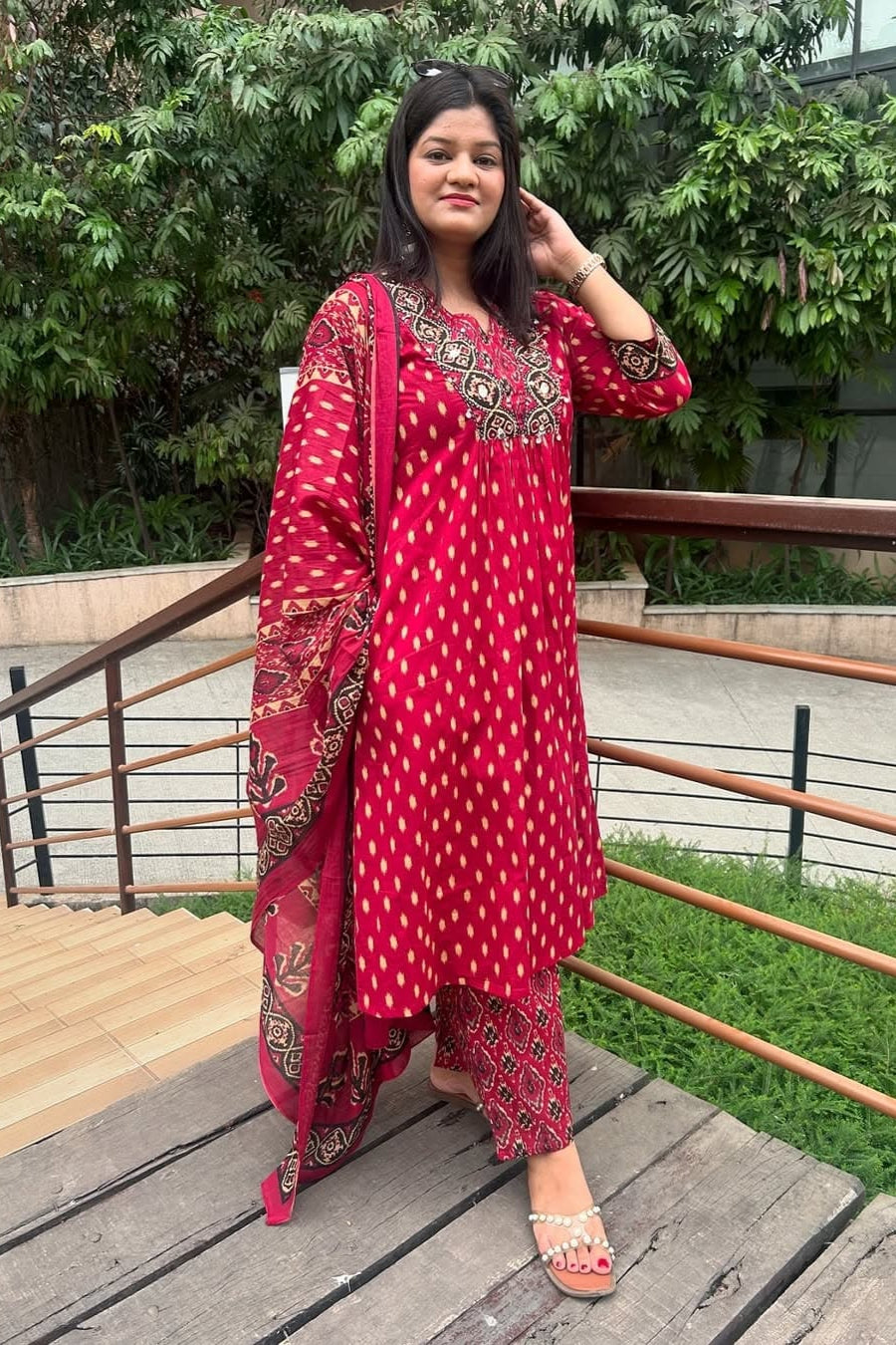 Ruhani Rang Red Floral A-Line Suit Set