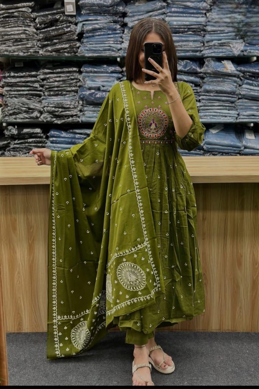 Beautiful Kanarvi Mehendi Anarkali Cotton Suit Set
