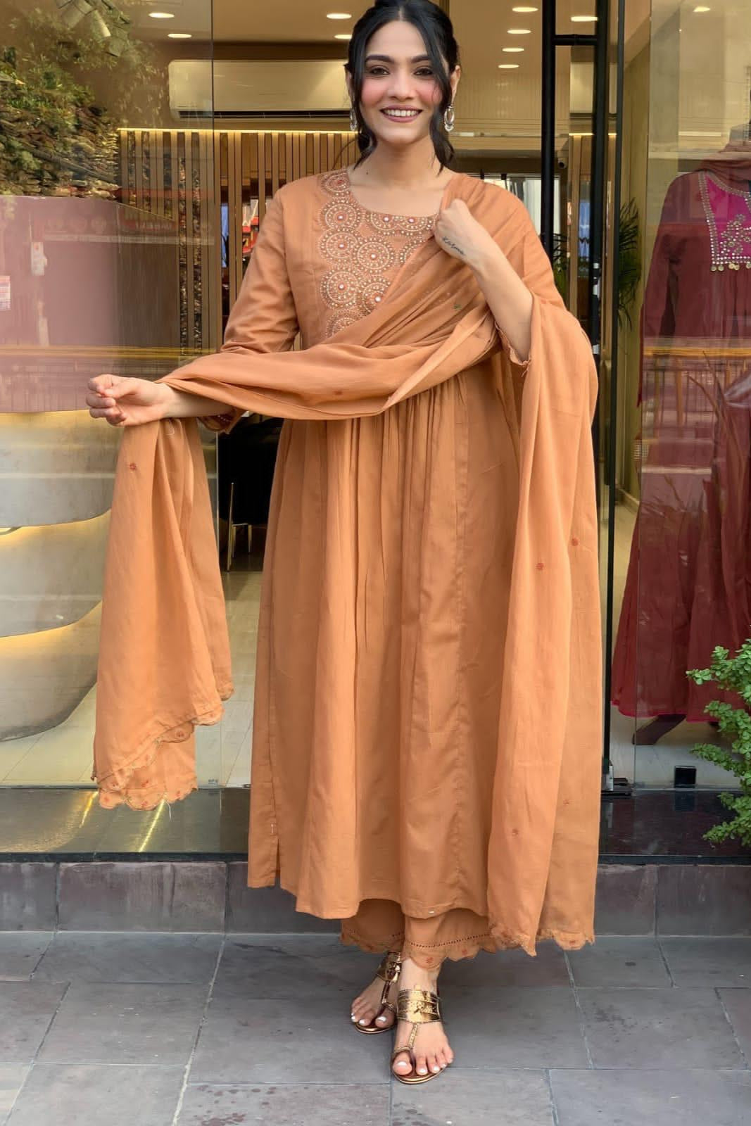 Shwetbela Brown Anarkali Cotton Suit Set