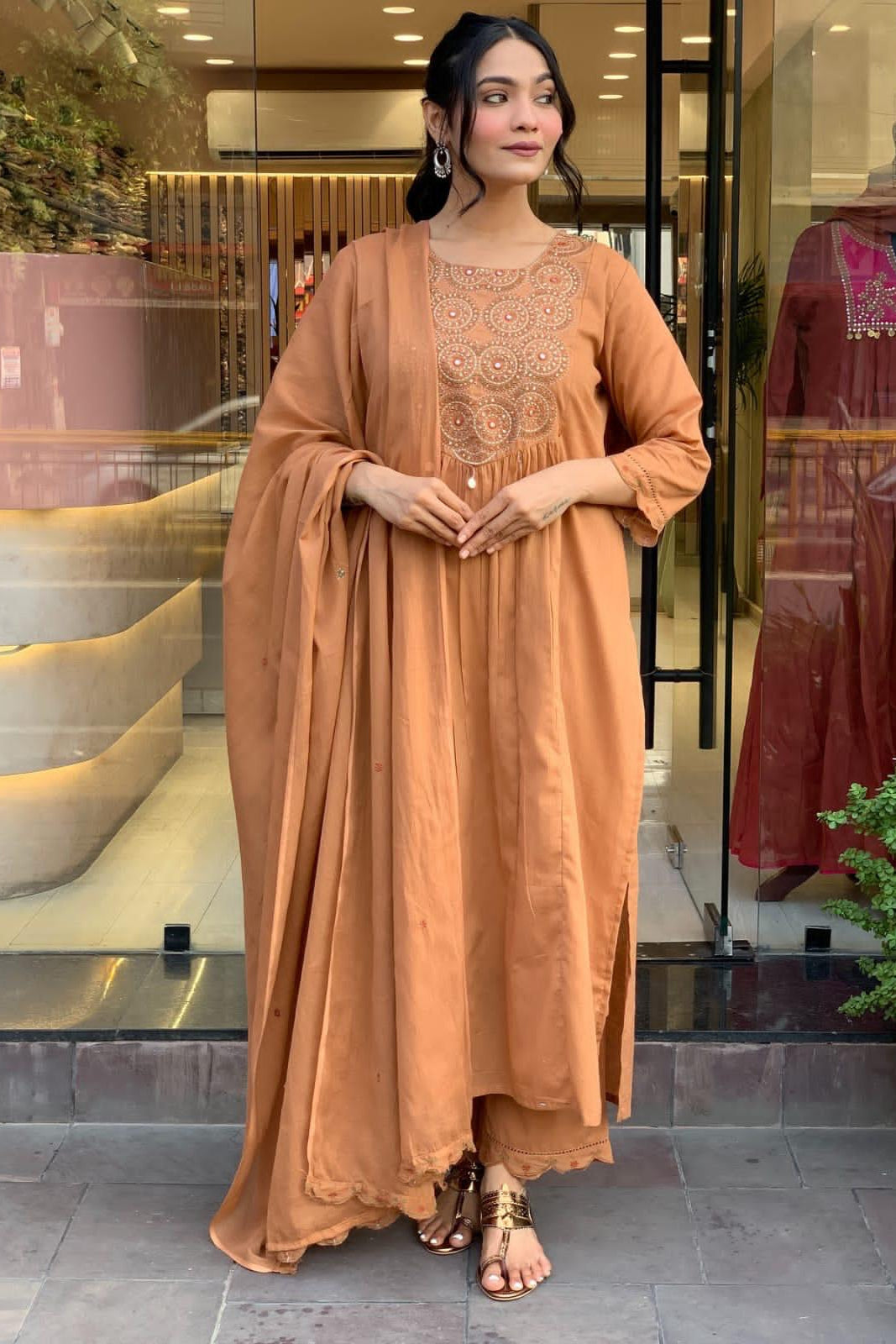 Shwetbela Brown Anarkali Cotton Suit Set