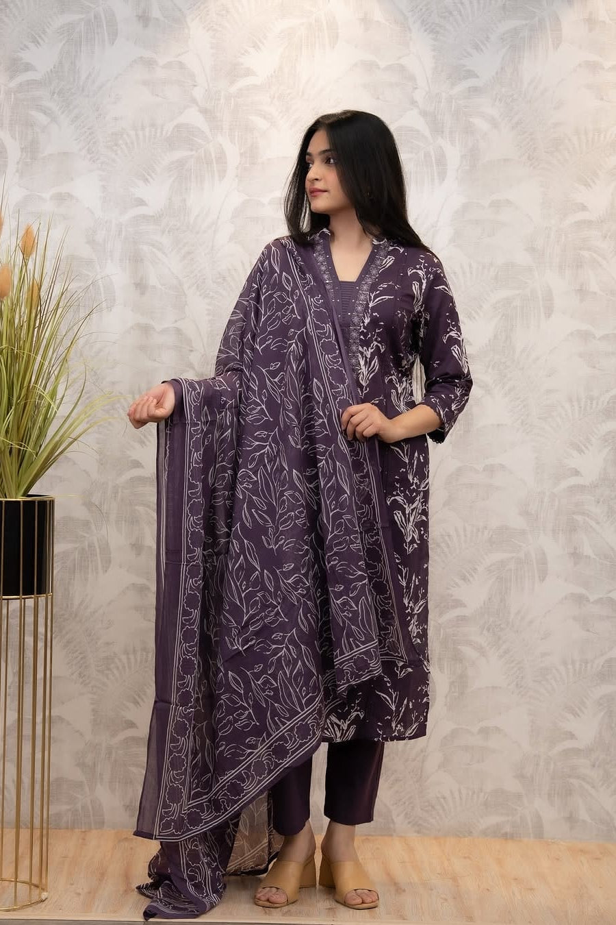 Trending Dark Purple Cotton Embroidered Suit Set