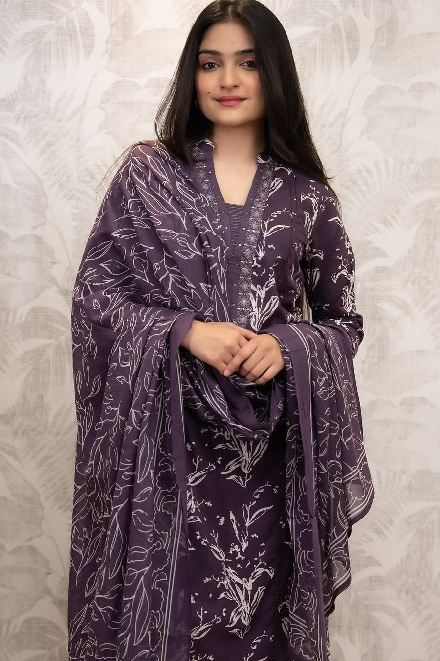 Trending Dark Purple Cotton Embroidered Suit Set