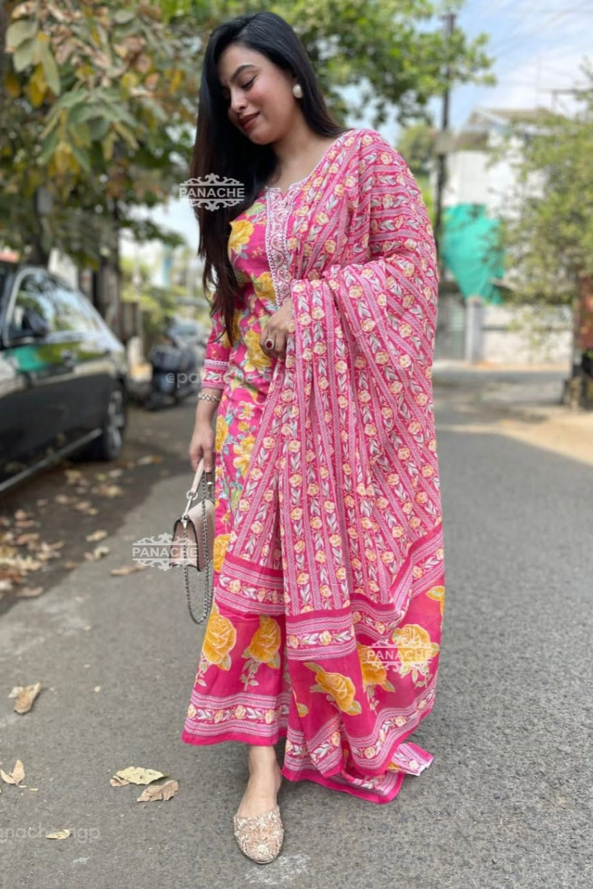 Gulzaar Pink Floral Embroidered Cotton Suit Set