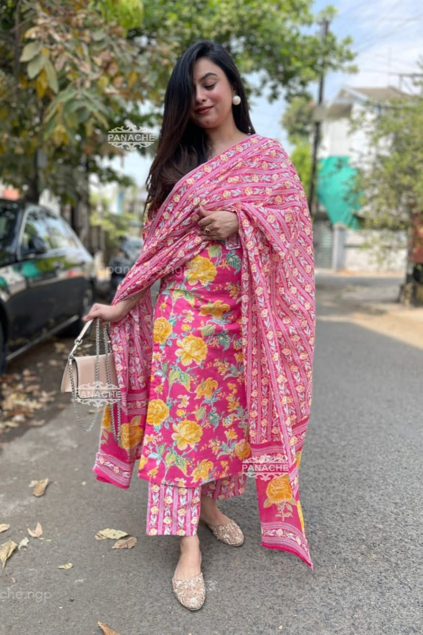 Gulzaar Pink Floral Embroidered Cotton Suit Set