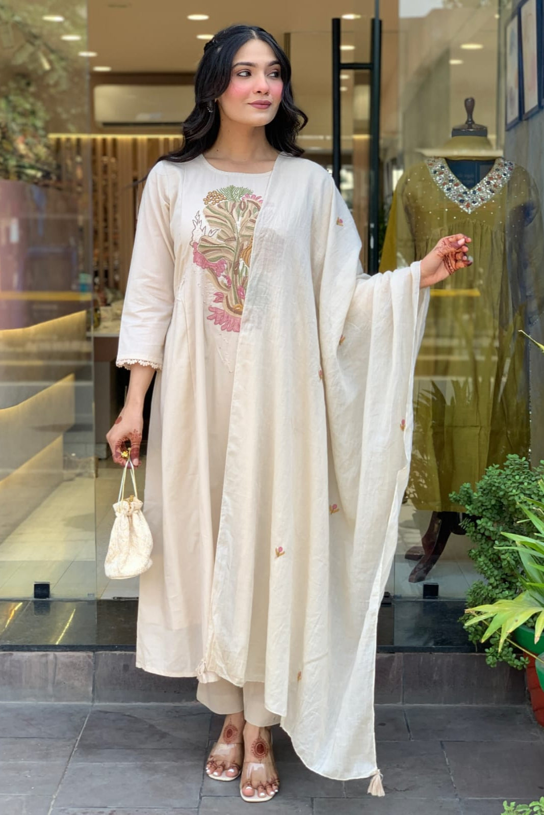 Noorani White Embroidered Cotton Suit Set