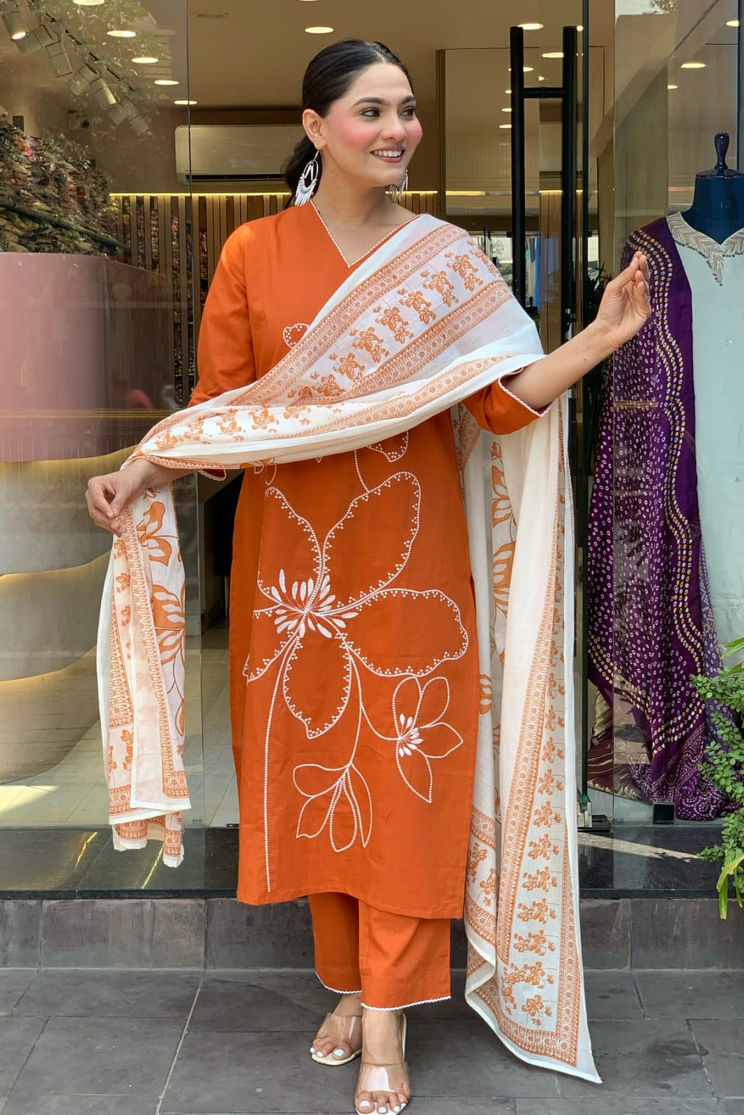 Pure Cotton Orange Embroidered Suit Set