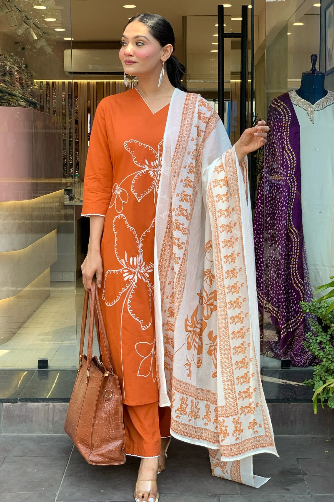 Pure Cotton Orange Embroidered Suit Set