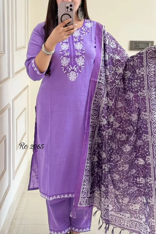 Purple Handloom Cotton Embroidered Suit Set