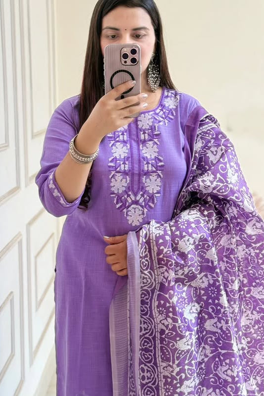 Purple Handloom Cotton Embroidered Suit Set