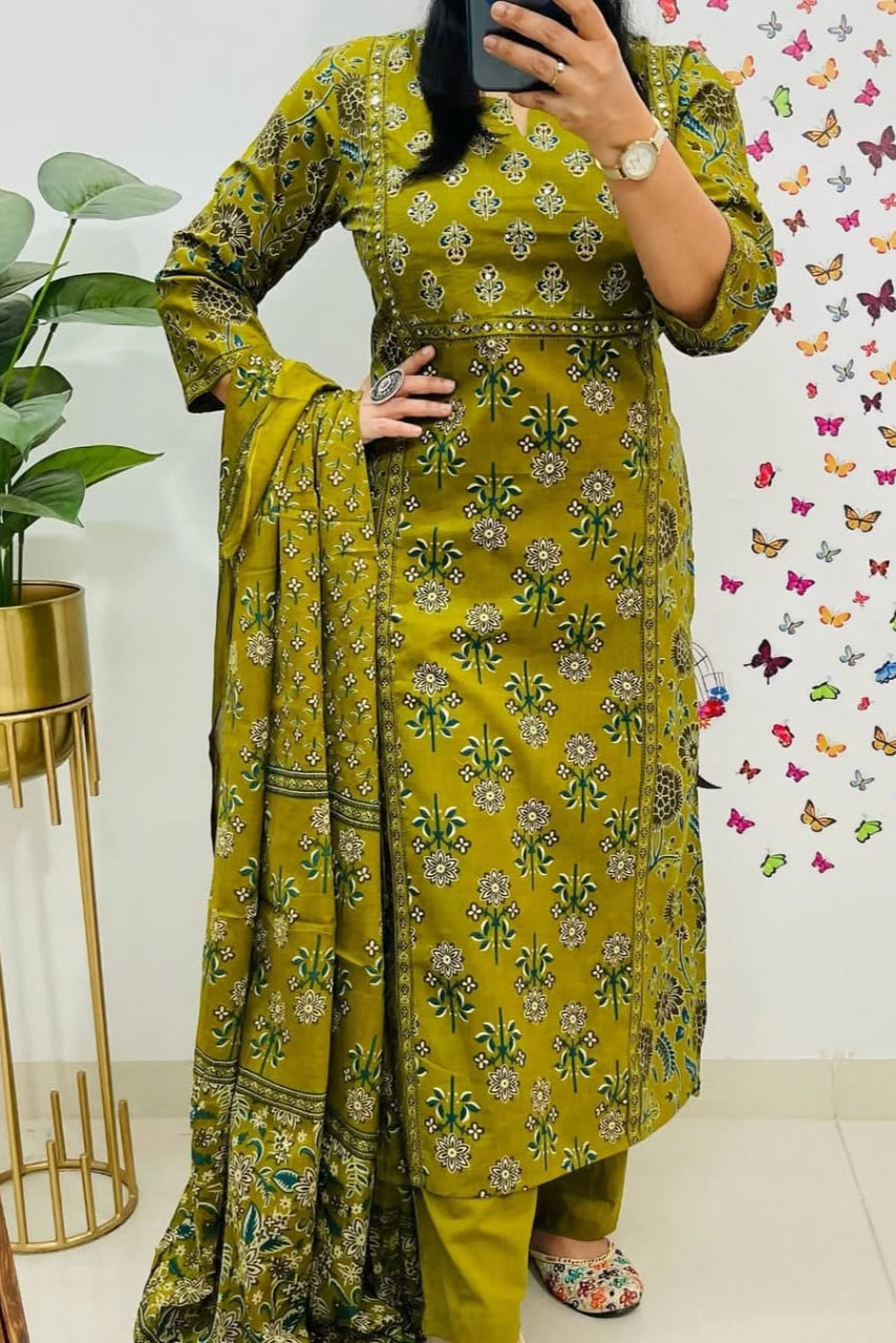 Pure Fine Cotton Mehendi Heavy Cotton Suit Set