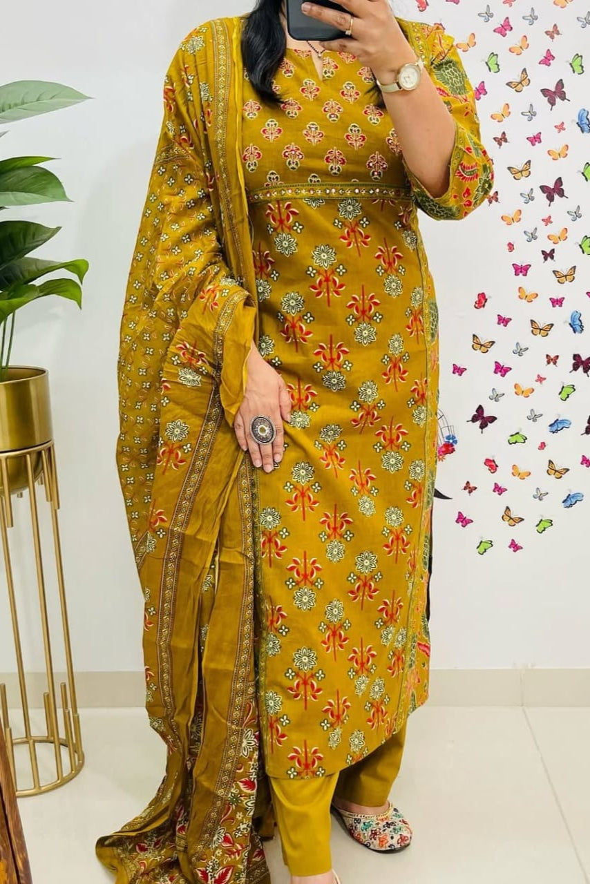 Pure Fine Cotton Dark Yellow Heavy Cotton Suit Set