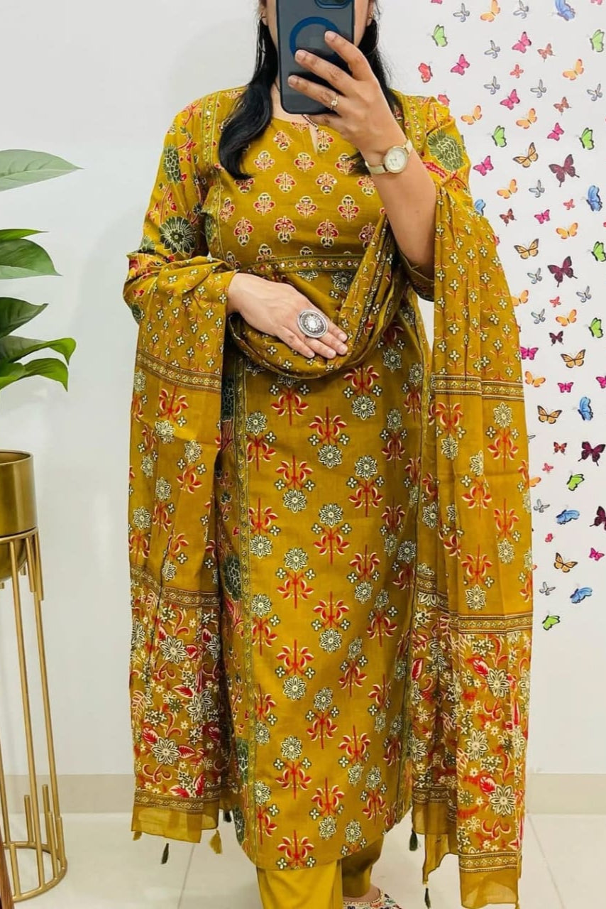 Pure Fine Cotton Dark Yellow Heavy Cotton Suit Set