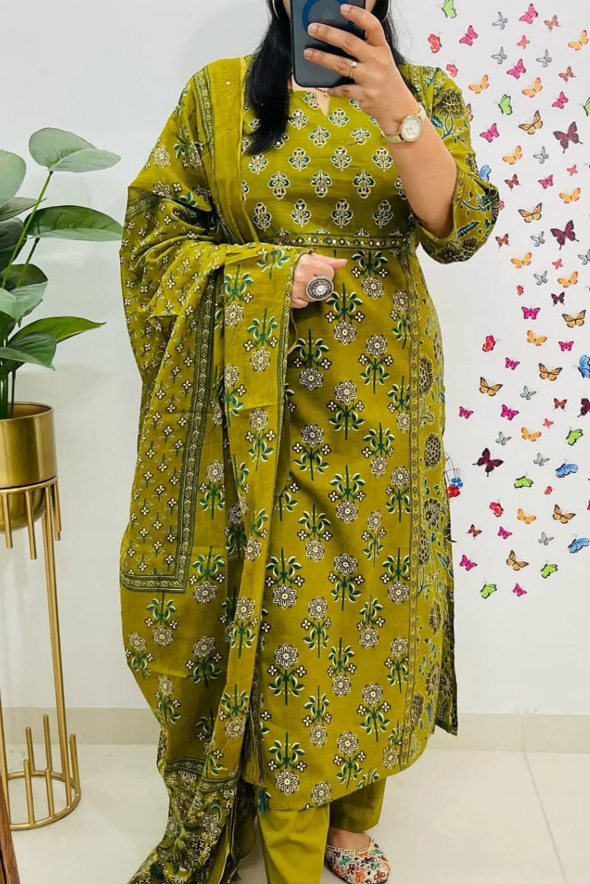 Pure Fine Cotton Mehendi Heavy Cotton Suit Set