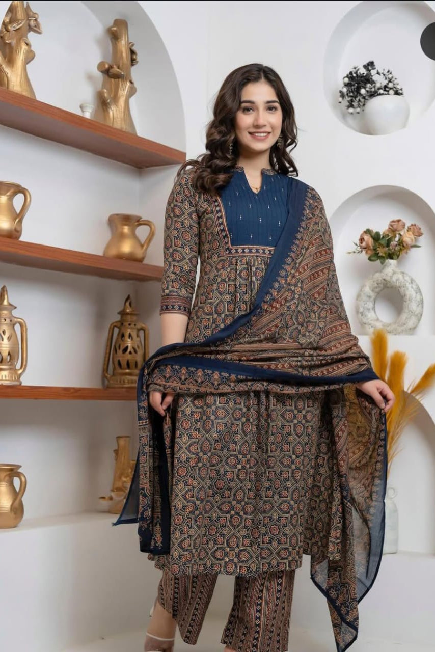 New Trending Blue Azrak Fusion Cotton Suit Set