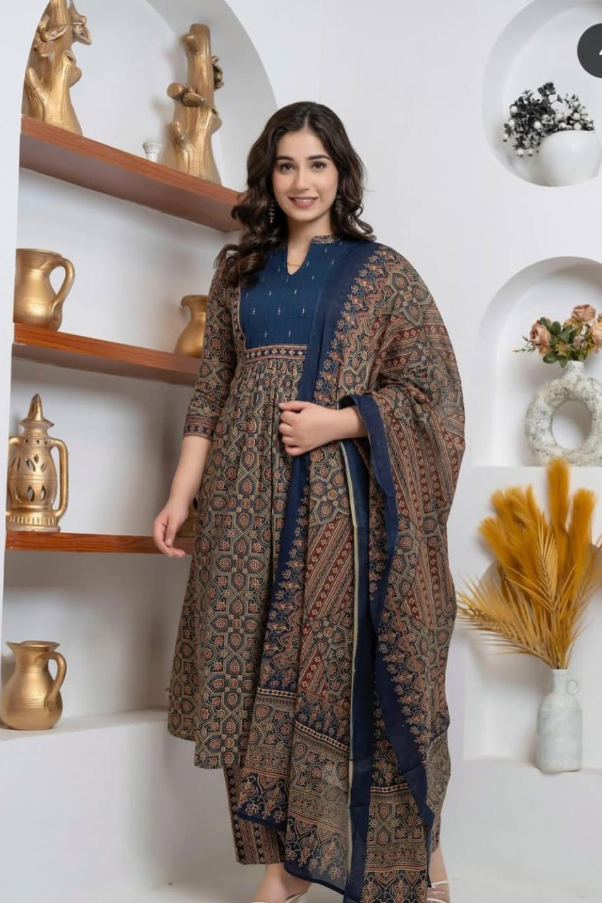 New Trending Blue Azrak Fusion Cotton Suit Set