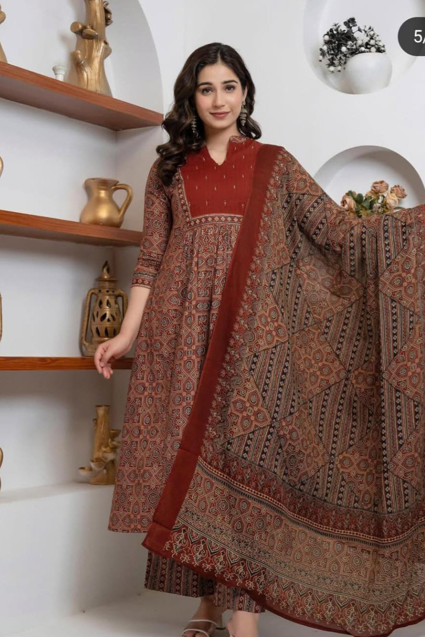 New Trending Red Azrak Fusion Cotton Suit Set