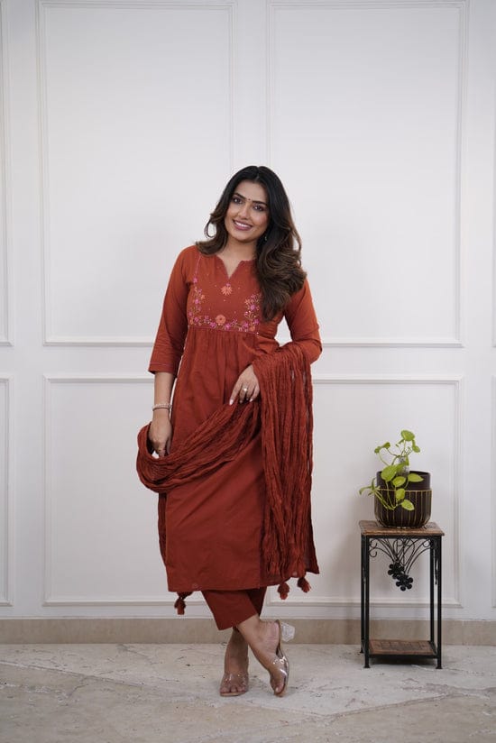 Tamarika Brown A-Line Cotton Embroidered Suit Set
