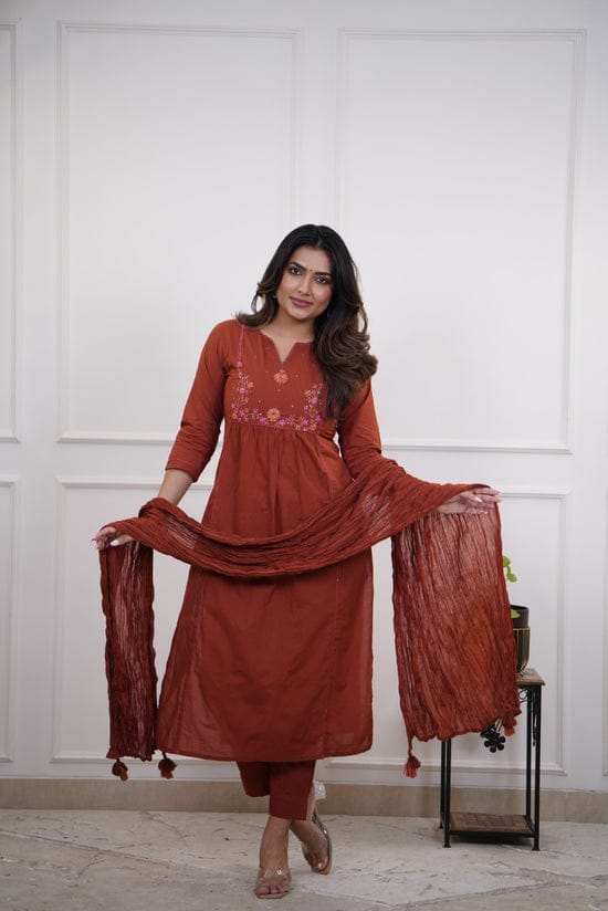 Tamarika Brown A-Line Cotton Embroidered Suit Set