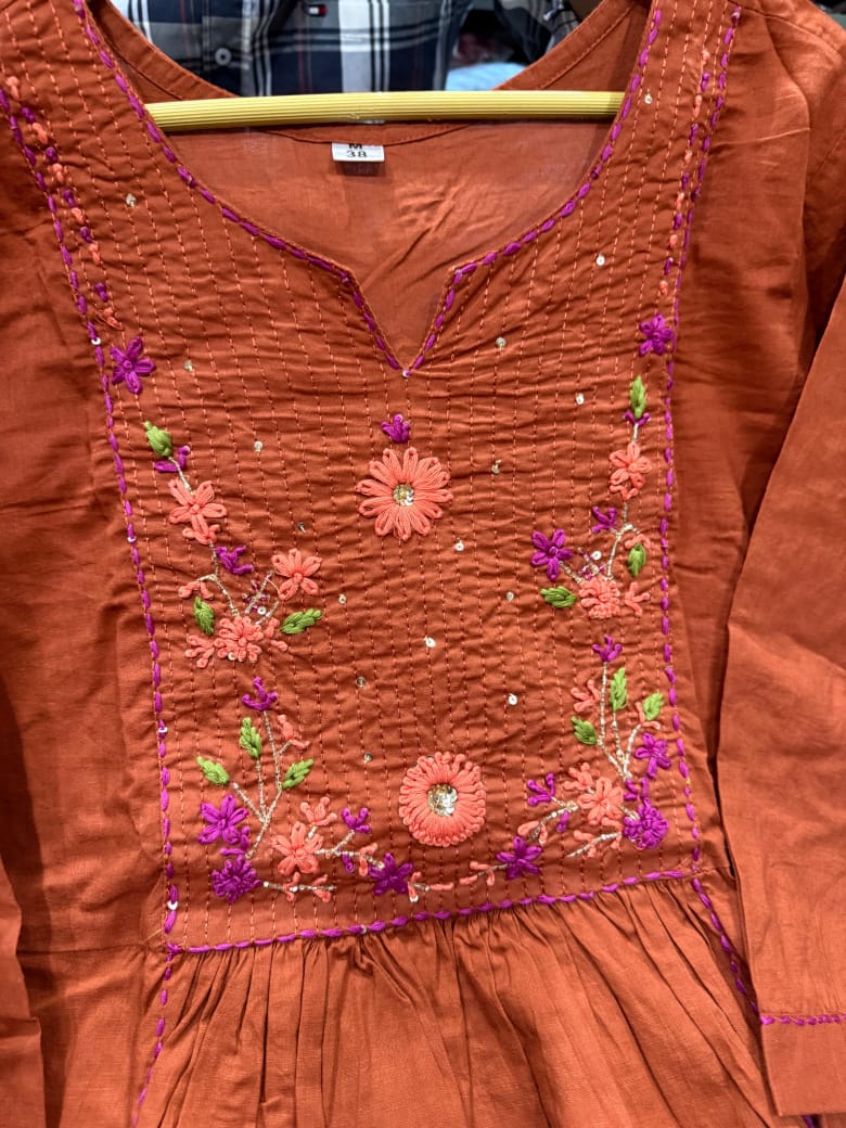 Tamarika Brown A-Line Cotton Embroidered Suit Set