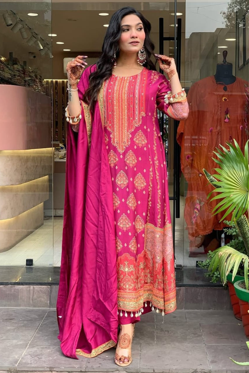 Raavya Pink Diamond Silk Schiffli Suit Set