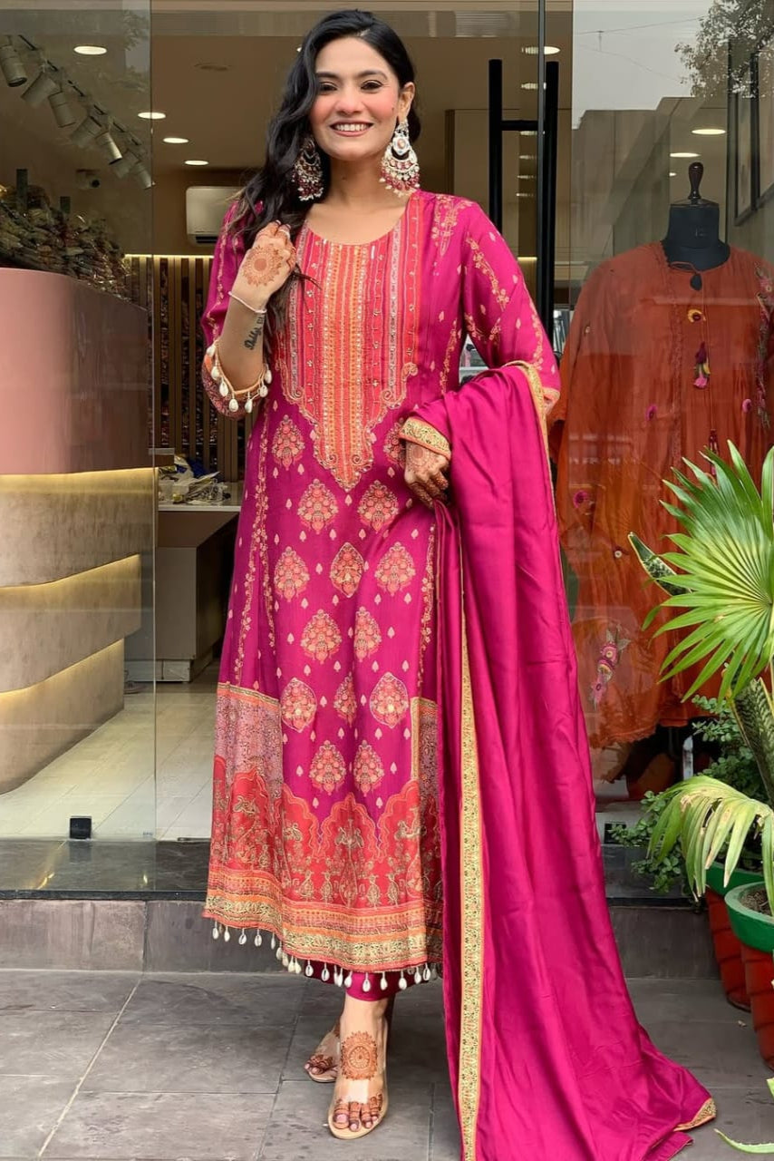 Raavya Pink Diamond Silk Schiffli Suit Set