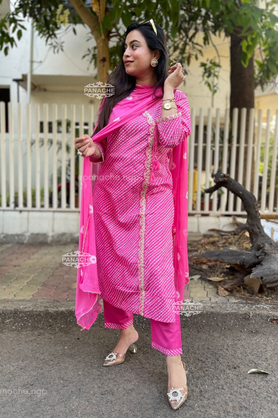 Gulnehar Pink Lahariya Embroidered Cotton Suit Set