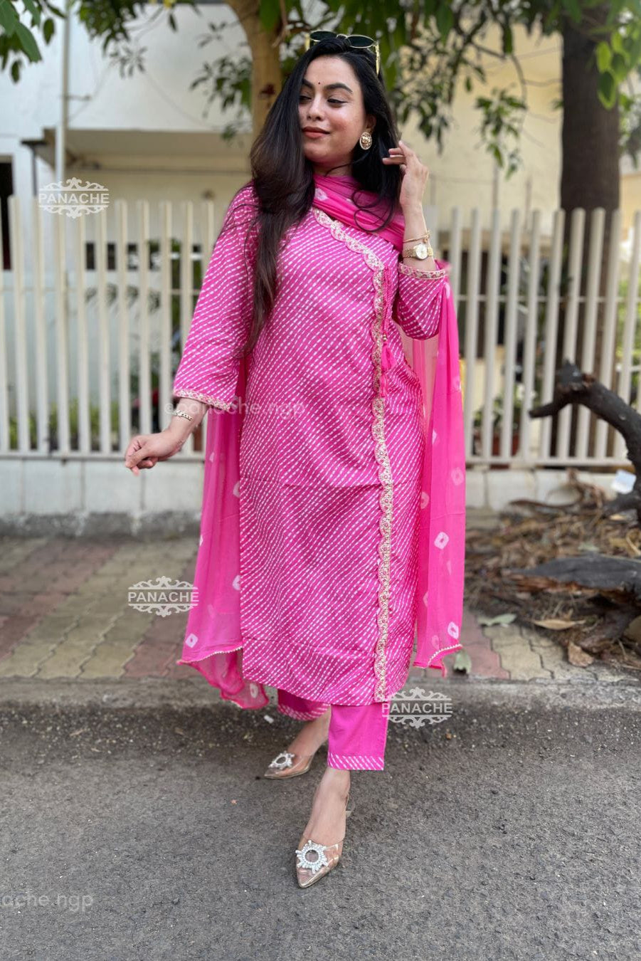 Gulnehar Pink Lahariya Embroidered Cotton Suit Set