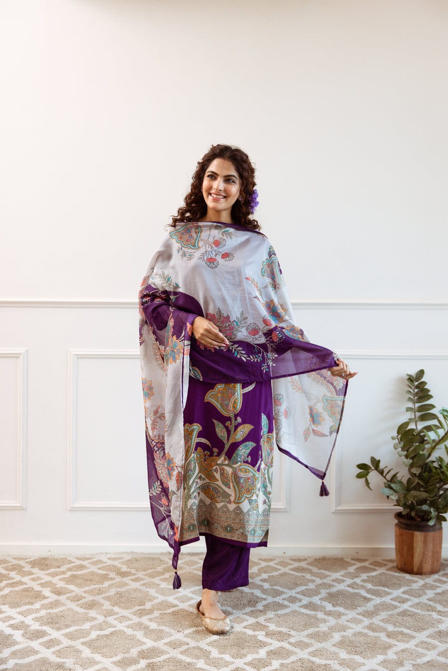 Lavanya Purple Floral KitKat Silk Suit Set