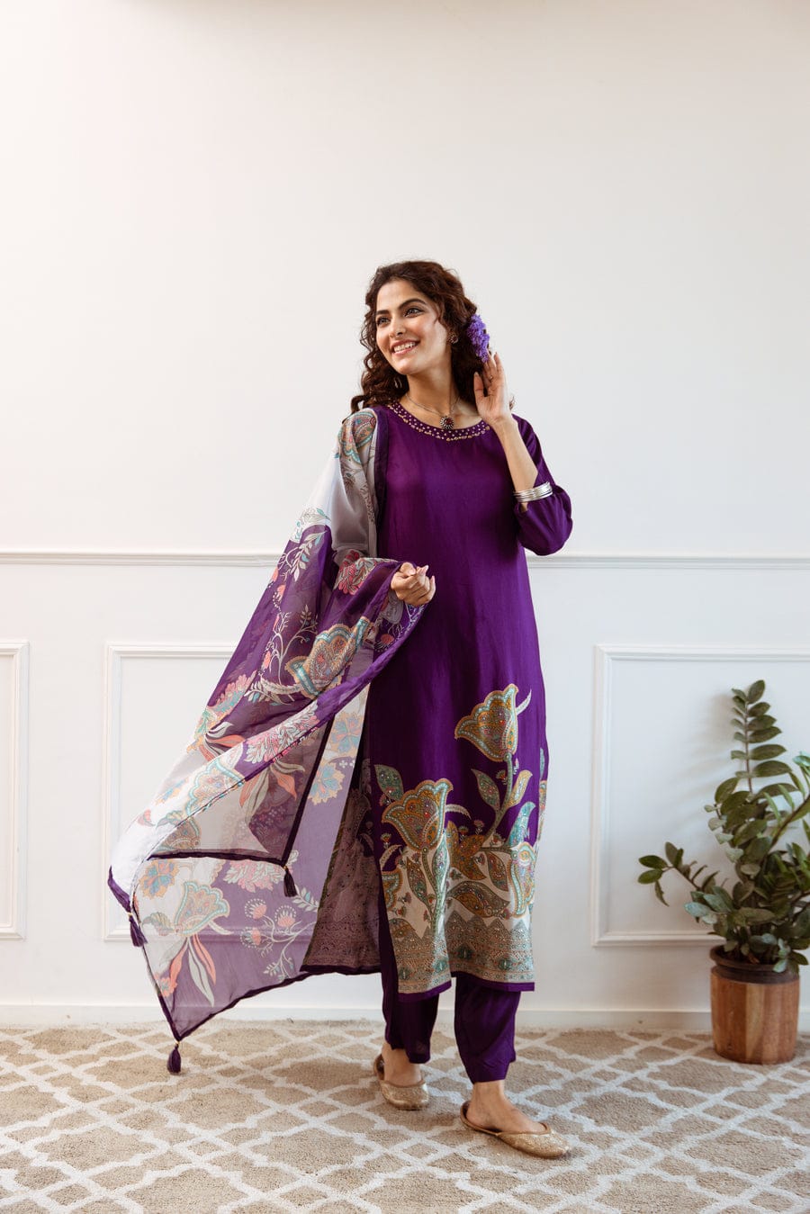 Lavanya Purple Floral KitKat Silk Suit Set