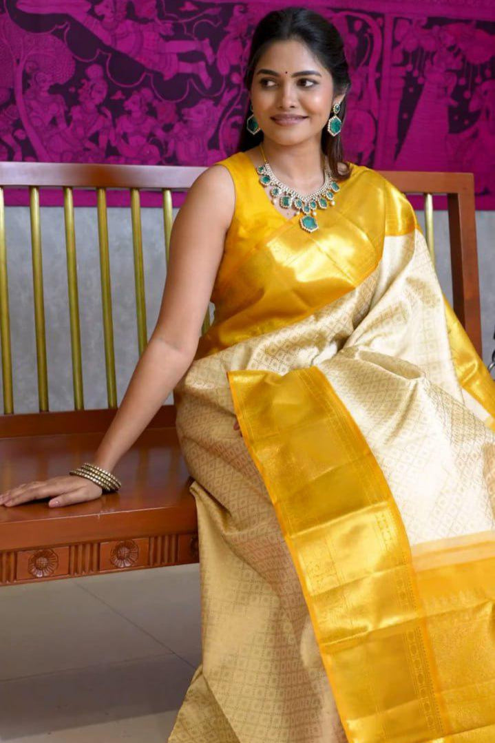 Kanvika Yellow Lichi Silk Jacquard Saree