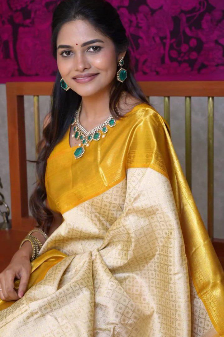 Kanvika Yellow Lichi Silk Jacquard Saree