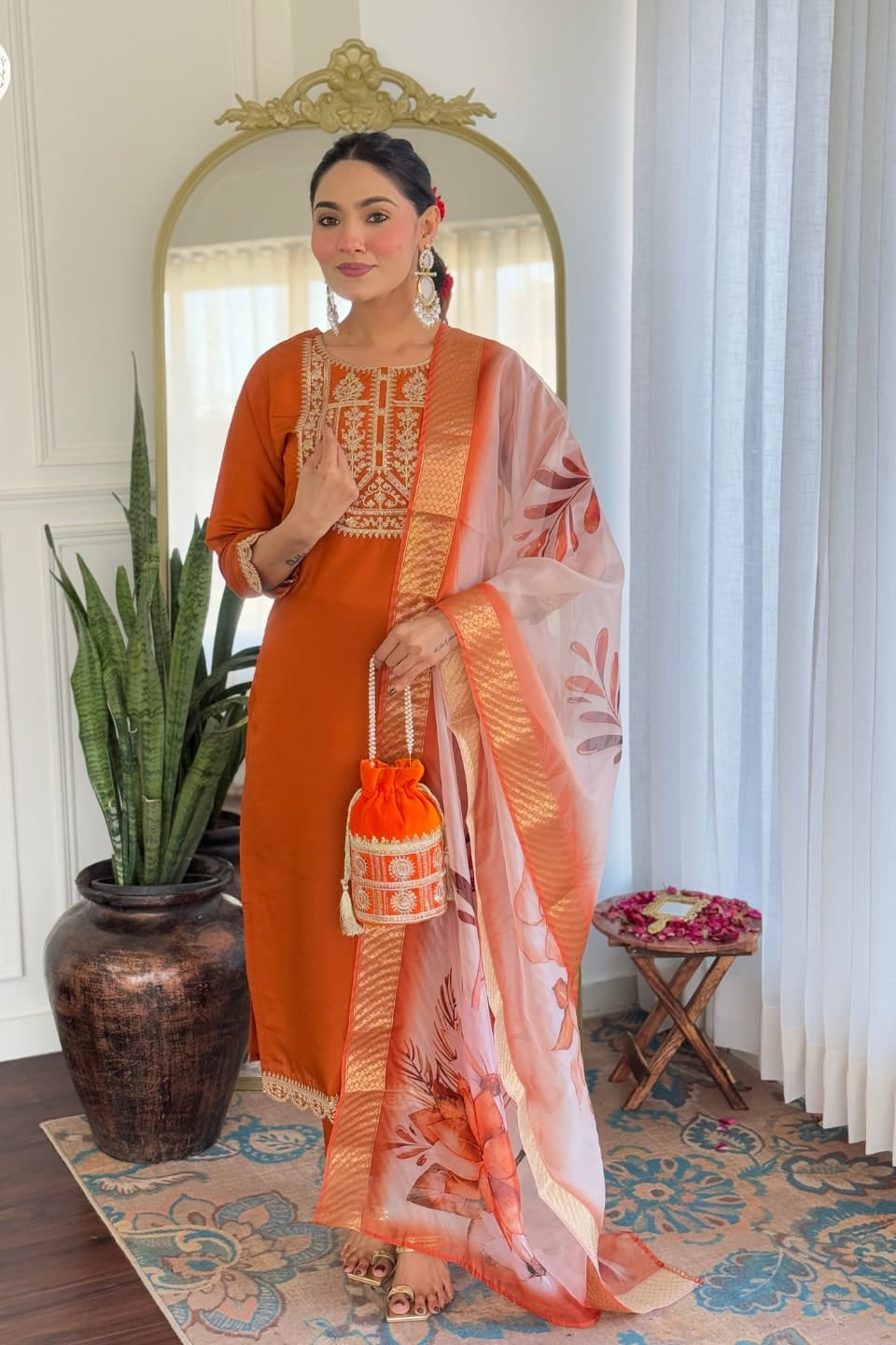 New Orange Viscose Embroidered Suit Set