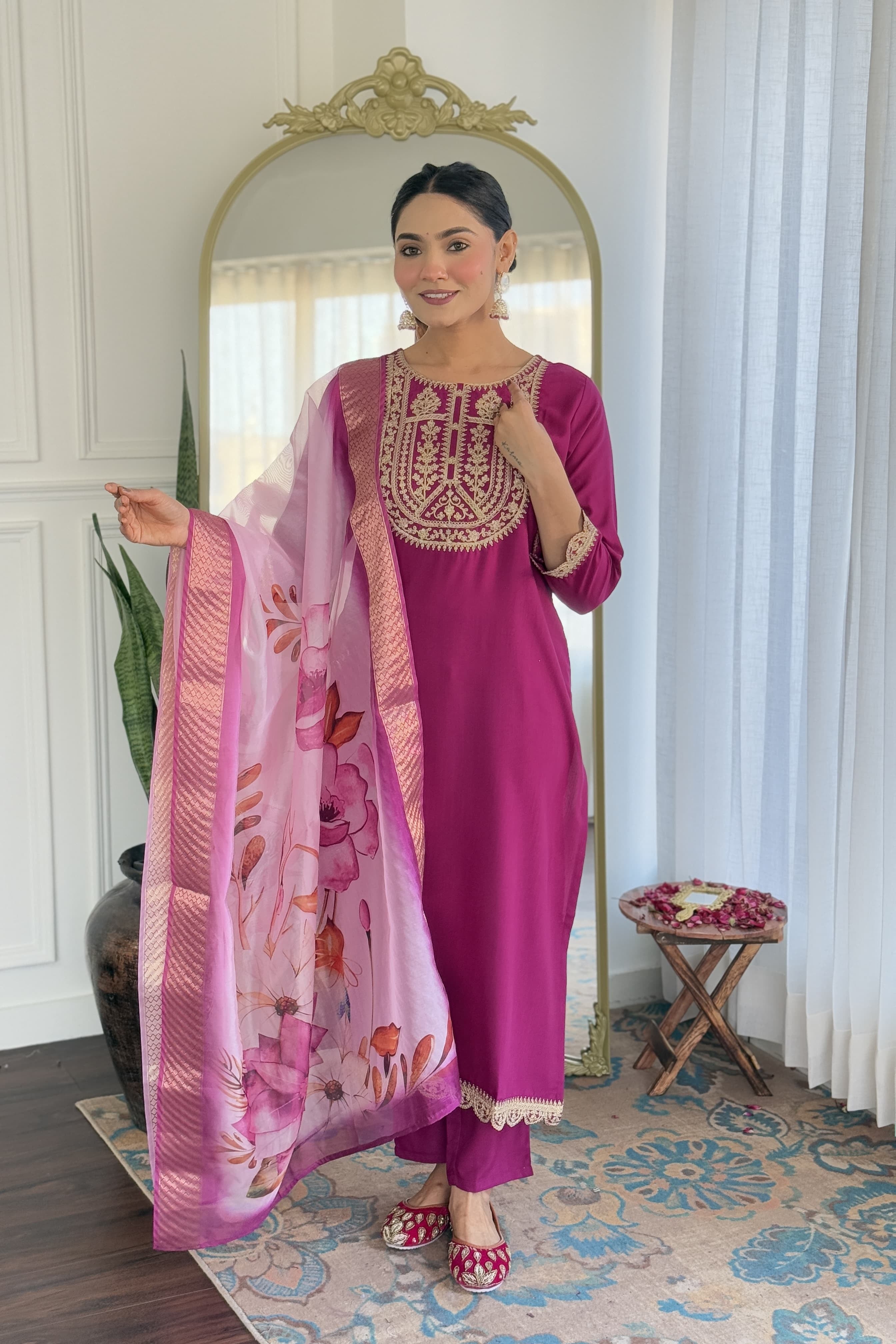 New Dark Purple Viscose Embroidered Suit Set